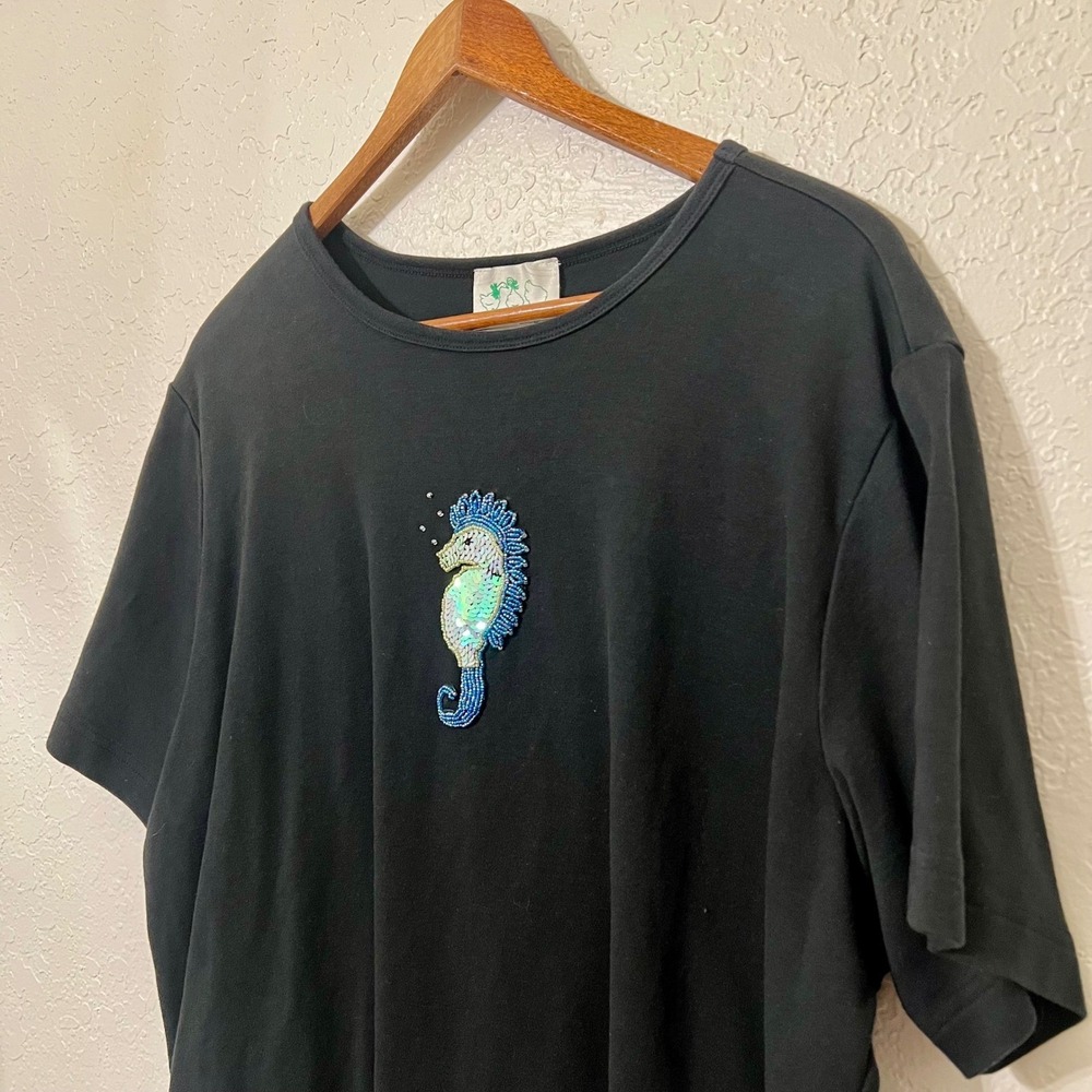 The Quacker Factory Womens Black Short Sleeve Top Sequin Seahorse Embellished 2X